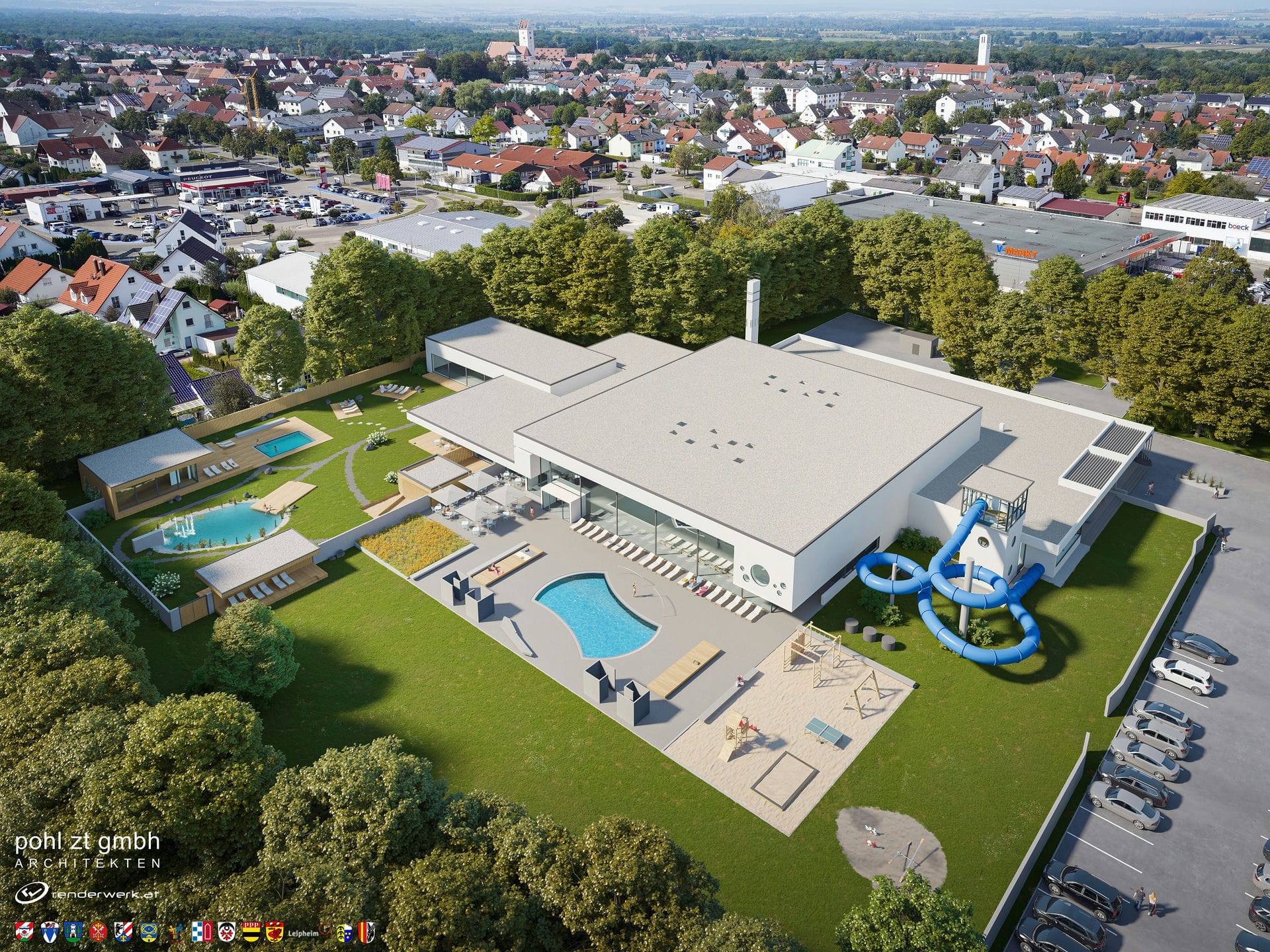 Luftaufnahme (Rendering) des Gartenhallenbad Leipheim
